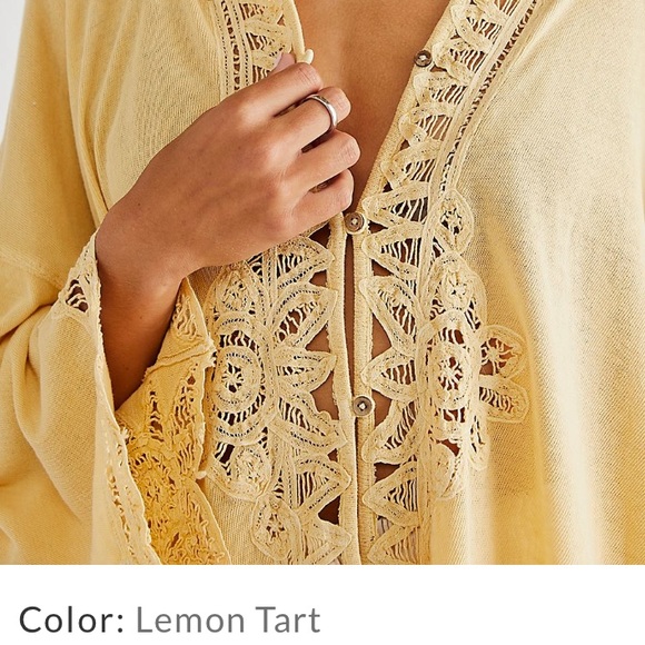 NEW FREE PEOPLE "Lydia" Lemon Tart Battenburg Lace Oversized Button Front Blouse - Picture 5 of 13